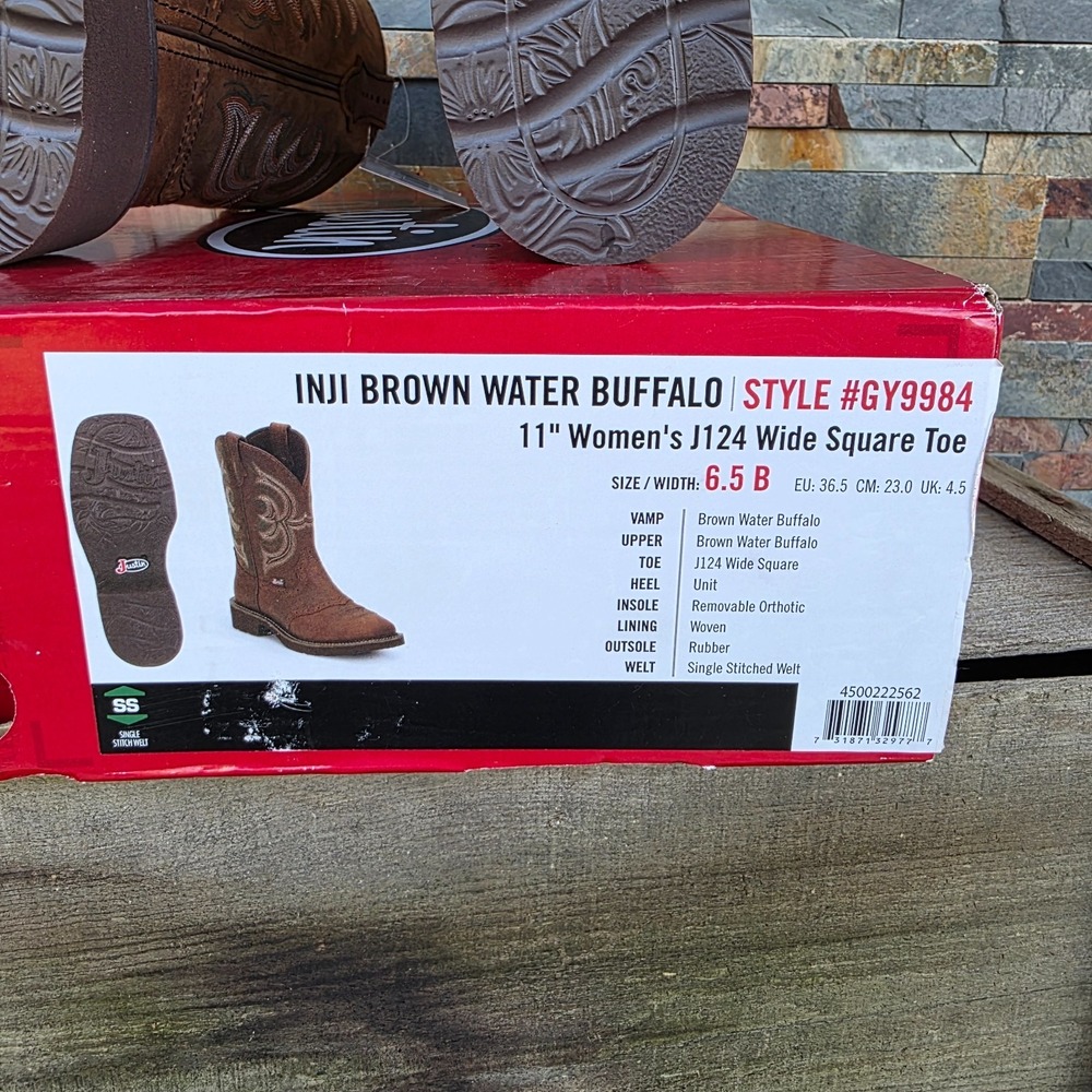 Justin Boots INJI Brown Water Buffalo Wide Square Toe Boots Size 6.5B GY9984 NEW - Picture 9 of 16